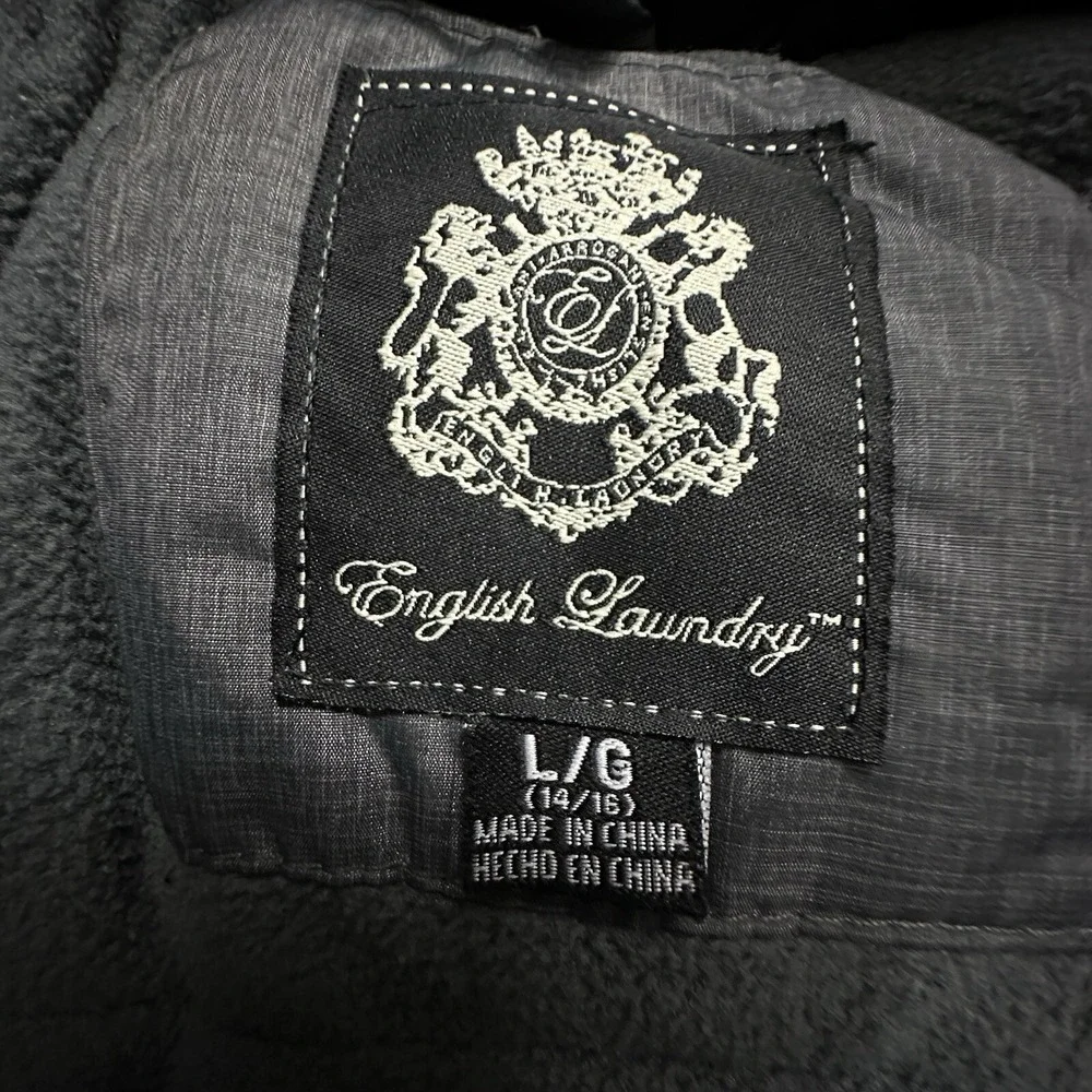 English Laundry Womens Jacket L Charcoal Gray Puffer Hooded Faux Fur Parka READ